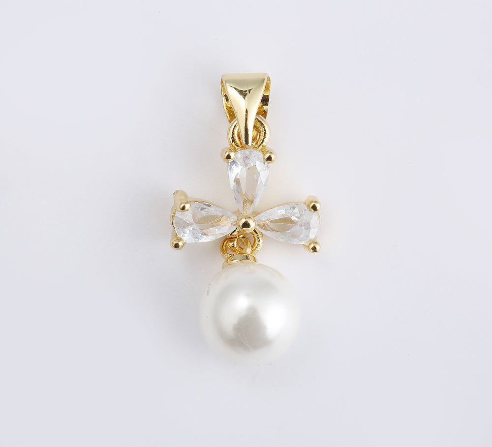 18K Gold Filled Freshwater Pearl Flower Charm, Pearl Rhinestone Pendant for Necklace Bracelet Earrings Jewelry Making Supply, CP1936