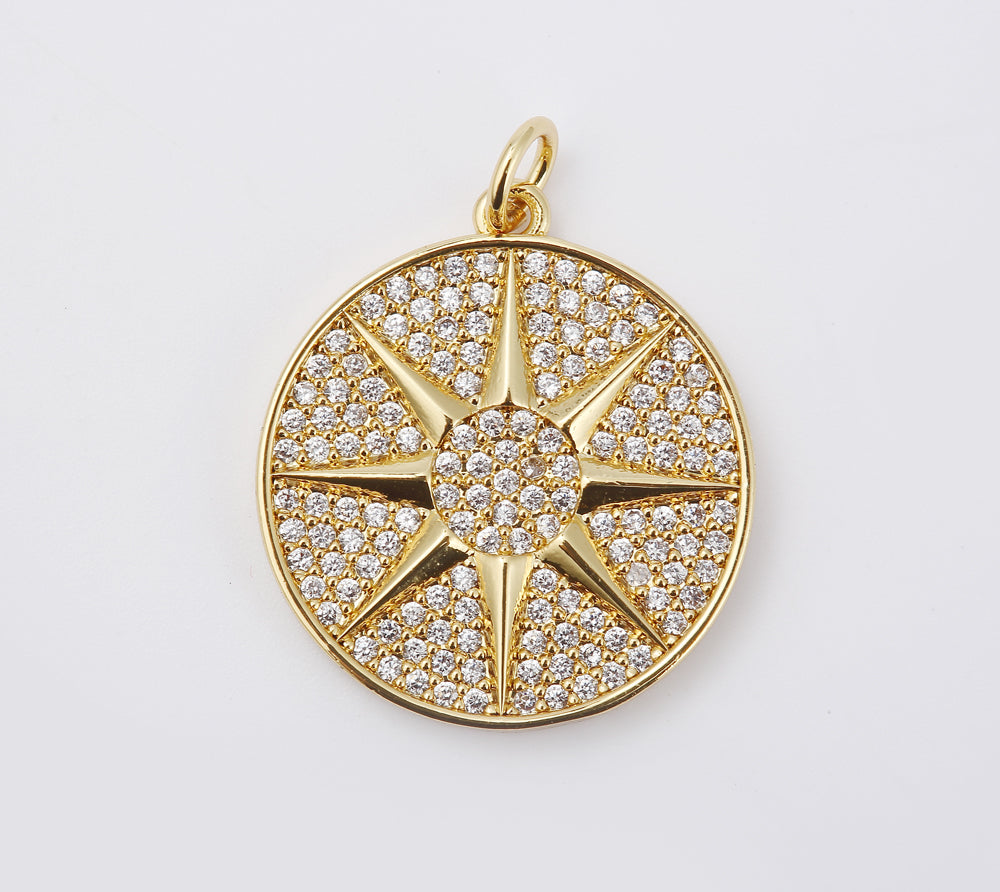 18K Gold Filled Dainty Starburst Charm, Celestial Star Medallion Pendant, Micro Pave CZ North Star for Necklace Bracelet Jewelry Making, CP1939