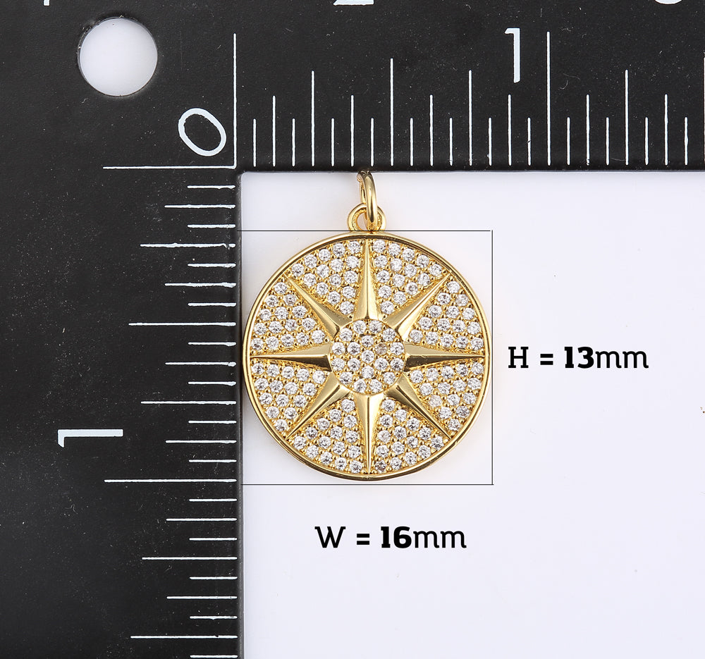 18K Gold Filled Dainty Starburst Charm, Celestial Star Medallion Pendant, Micro Pave CZ North Star for Necklace Bracelet Jewelry Making, CP1939