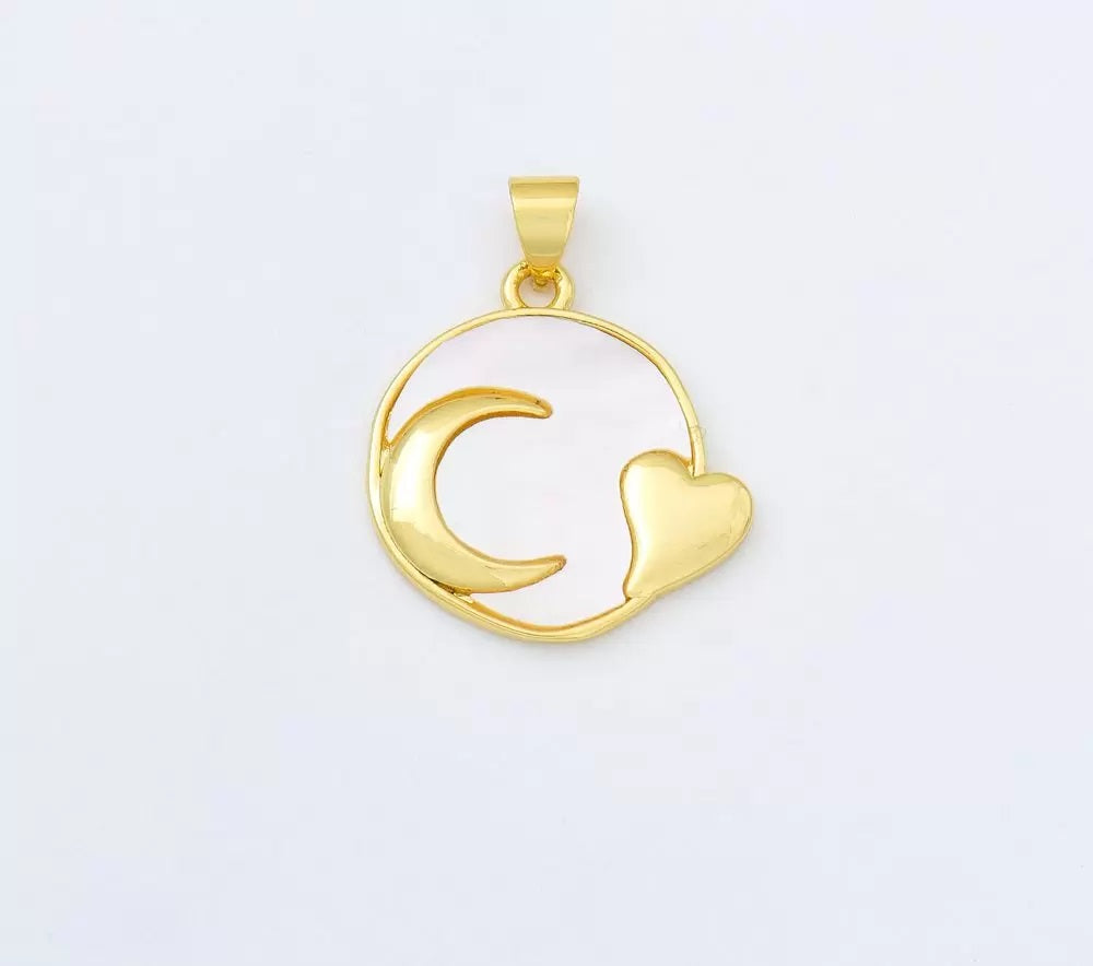 18K Gold Filled Sea Mist White Pearl Moon Heart Round Disc Coin Charm, Crescent Moon Heart Pendant for Minimalist Jewelry Design, CP1957