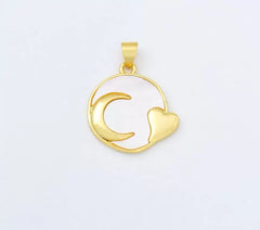 18K Gold Filled Sea Mist White Pearl Moon Heart Round Disc Coin Charm, Crescent Moon Heart Pendant for Minimalist Jewelry Design, CP1957