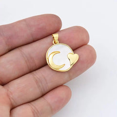 18K Gold Filled Sea Mist White Pearl Moon Heart Round Disc Coin Charm, Crescent Moon Heart Pendant for Minimalist Jewelry Design, CP1957