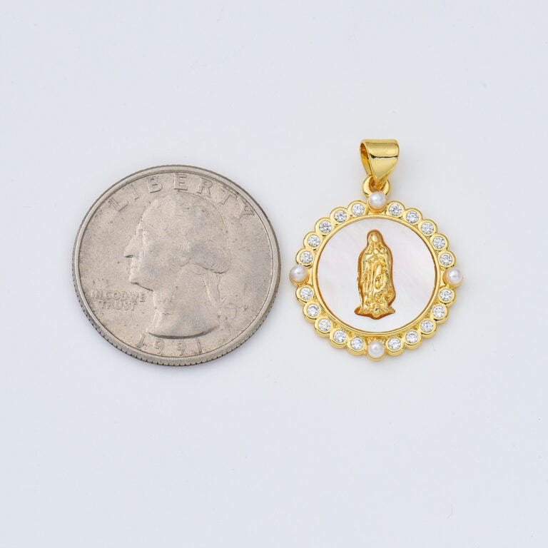 18K Gold Filled Mother Of Pearl Virgin Mary Charm, Shell Pearl Virgin Mary Pendant, Lady Of Guadalupe Medallion Charm, 20x22mm, CP1963