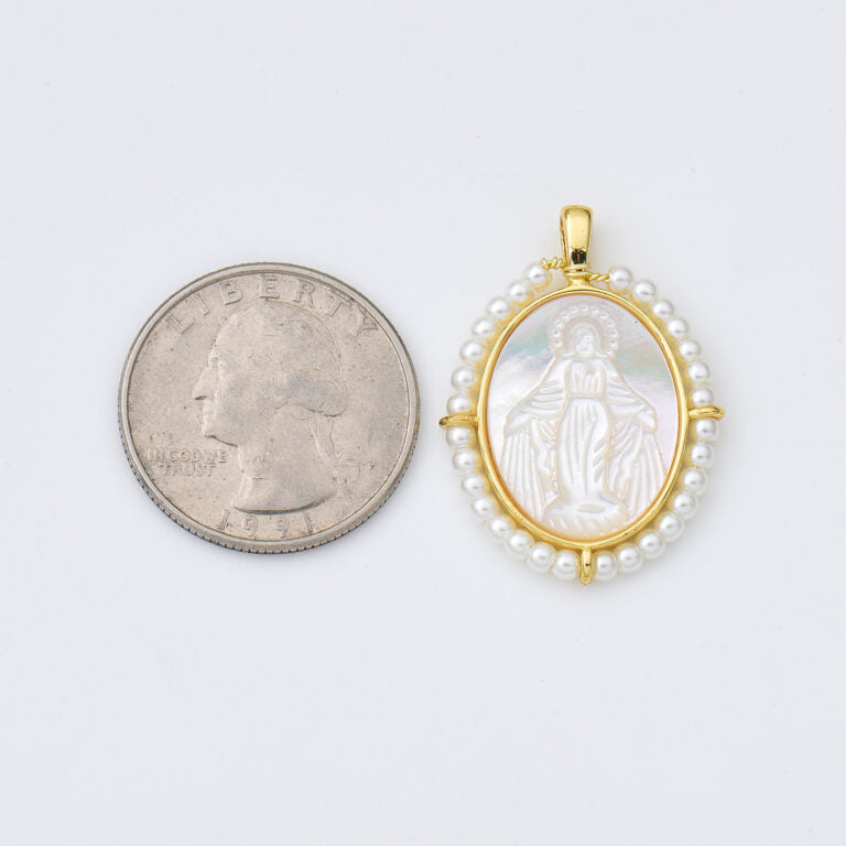 18K Gold Filled Mother Of Pearl Virgin Mary Charm, Shell Pearl Virgin Mary Pendant, Lady Of Guadalupe Medallion Charm, 20x28mm, CP1964