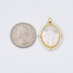 18K Gold Filled Mother Of Pearl Virgin Mary Charm, Shell Pearl Virgin Mary Pendant, Lady Of Guadalupe Medallion Charm, 20x28mm, CP1964