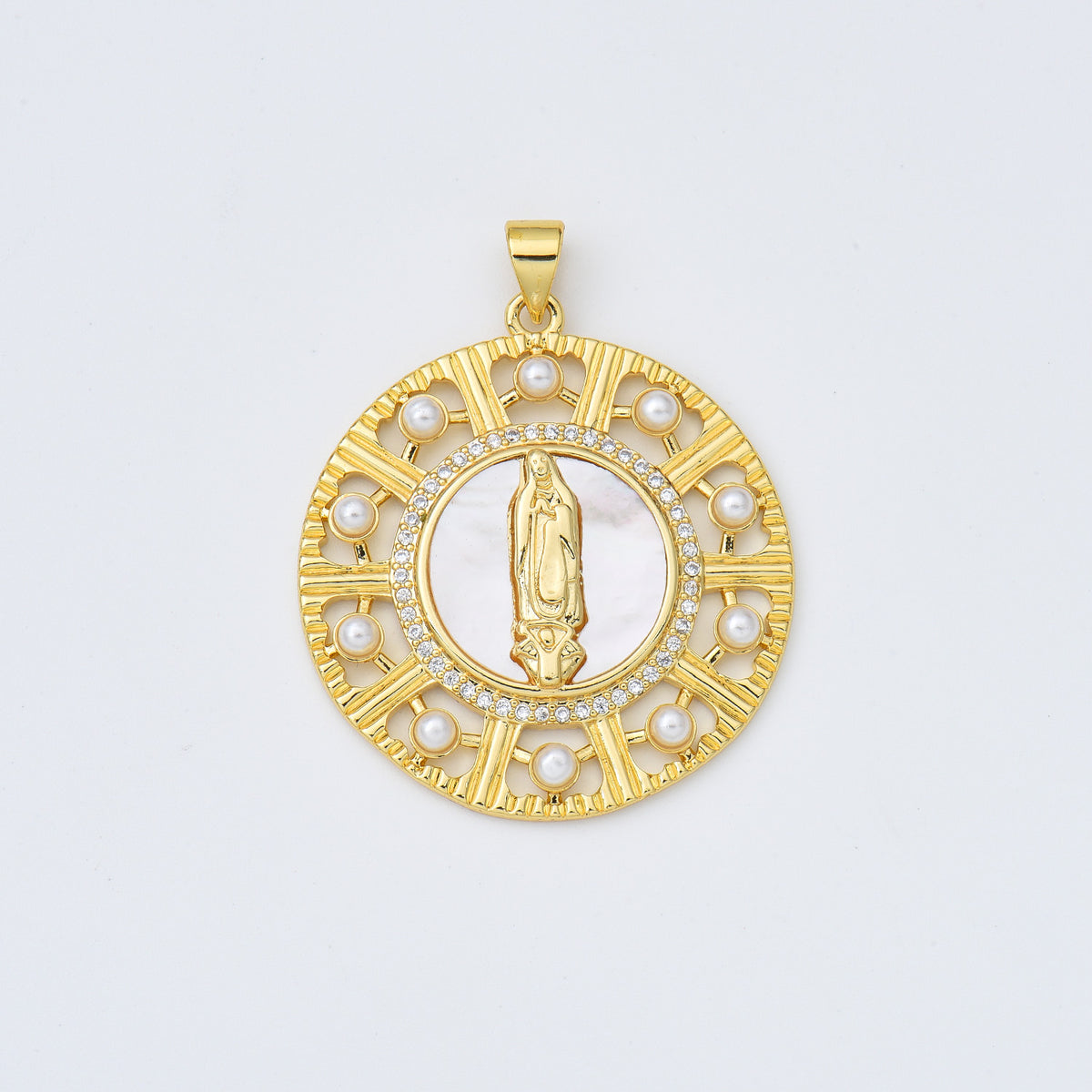 18K Gold Filled Mother Of Pearl Virgin Mary Charm, Shell Pearl Virgin Mary Pendant, Lady Of Guadalupe Medallion Charm, 31x33mm, CP1965