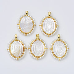 18K Gold Filled Mother Of Pearl Virgin Mary Charm, Shell Pearl Virgin Mary Pendant, Lady Of Guadalupe Medallion Charm, 20x28mm, CP1966