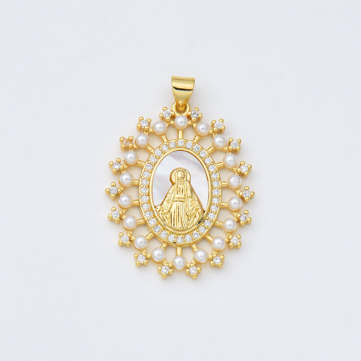 18K Gold Filled Mother Of Pearl Virgin Mary Charm, Shell Pearl Virgin Mary Pendant, Lady Of Guadalupe Medallion Charm, 25x31mm, CP1967