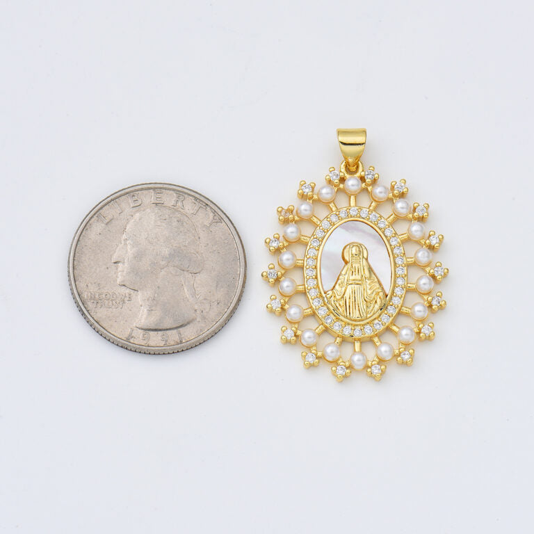 18K Gold Filled Mother Of Pearl Virgin Mary Charm, Shell Pearl Virgin Mary Pendant, Lady Of Guadalupe Medallion Charm, 25x31mm, CP1967