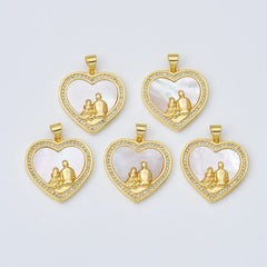 18K Gold Filled Shell Pearl Heart Charm, Father Daughter Heart Pendant, Fathers Day Gift, 22x23mm, CP1968