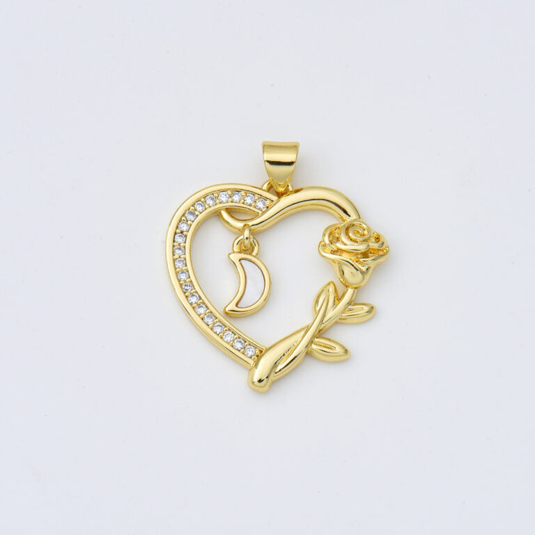 18K Gold Filled Shell Pearl Heart Charm, Rose Flower Heart Pendant, Mother Of Pearl Heart Charm, 23x24mm, CP1970