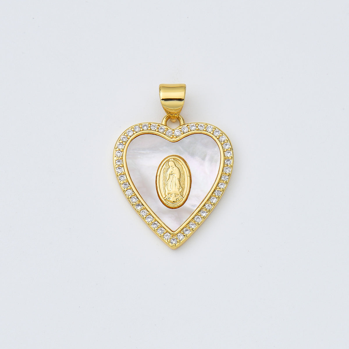 18K Gold Filled Blessed Virgin Mary Shell Pearl Heart Charm, Lady Of Guadalupe, Virgin Mary Pendant for Necklace Bracelet Jewelry Making, CP1971
