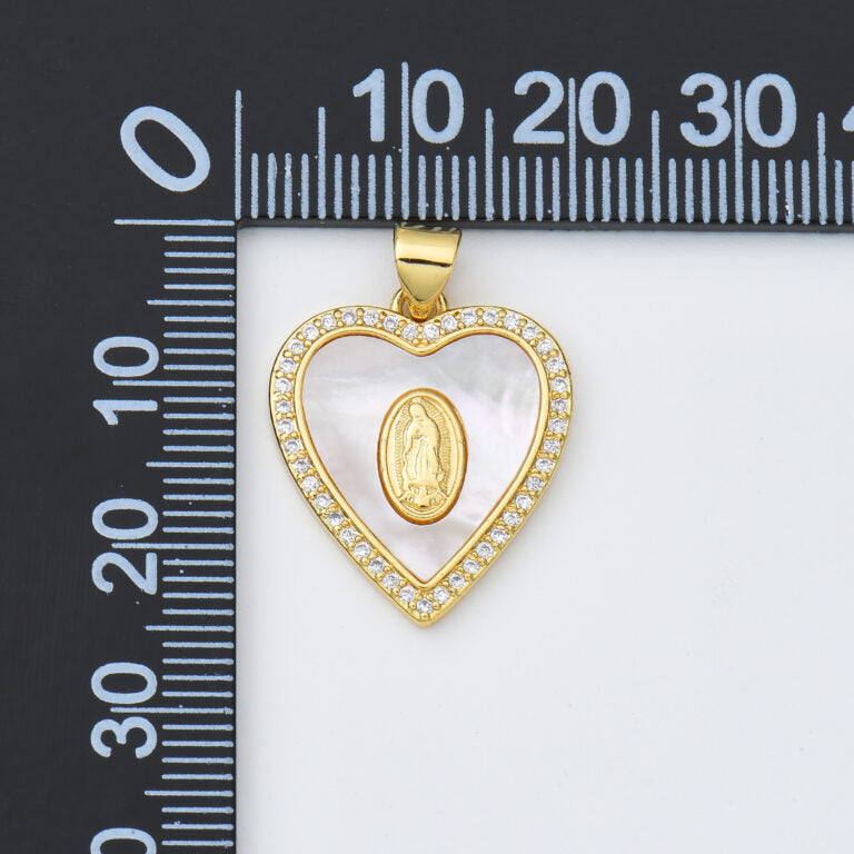 18K Gold Filled Blessed Virgin Mary Shell Pearl Heart Charm, Lady Of Guadalupe, Virgin Mary Pendant for Necklace Bracelet Jewelry Making, CP1971