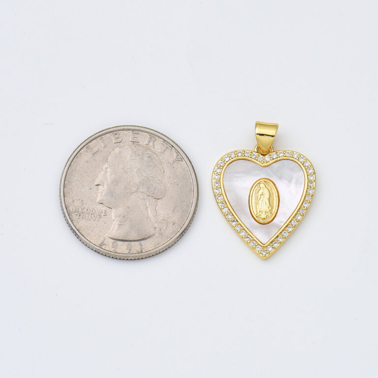 18K Gold Filled Blessed Virgin Mary Shell Pearl Heart Charm, Lady Of Guadalupe, Virgin Mary Pendant for Necklace Bracelet Jewelry Making, CP1971