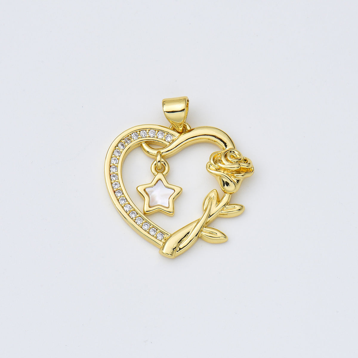 18K Gold Filled Shell Pearl Open Heart with Star Charm, Rose Flower Heart Pendant, Mother Of Pearl Heart Charm, 23x24mm, CP1973