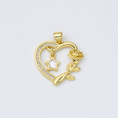 18K Gold Filled Shell Pearl Open Heart with Star Charm, Rose Flower Heart Pendant, Mother Of Pearl Heart Charm, 23x24mm, CP1973