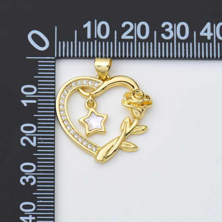 18K Gold Filled Shell Pearl Open Heart with Star Charm, Rose Flower Heart Pendant, Mother Of Pearl Heart Charm, 23x24mm, CP1973