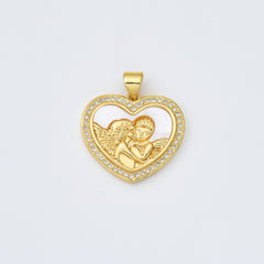 18K Gold Filled Kissing Cherub Angel Charm, Shell Pearl Heart Pendant for Necklace Bracelet Jewelry Making Supply, CP1974