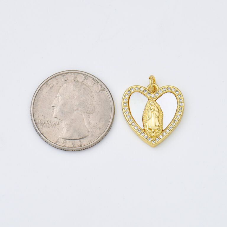 18K Gold Filled Blessed Virgin Mary Shell Pearl Heart Charm, Lady Of Guadalupe, Virgin Mary Pendant for Necklace Bracelet Jewelry Making, CP1975