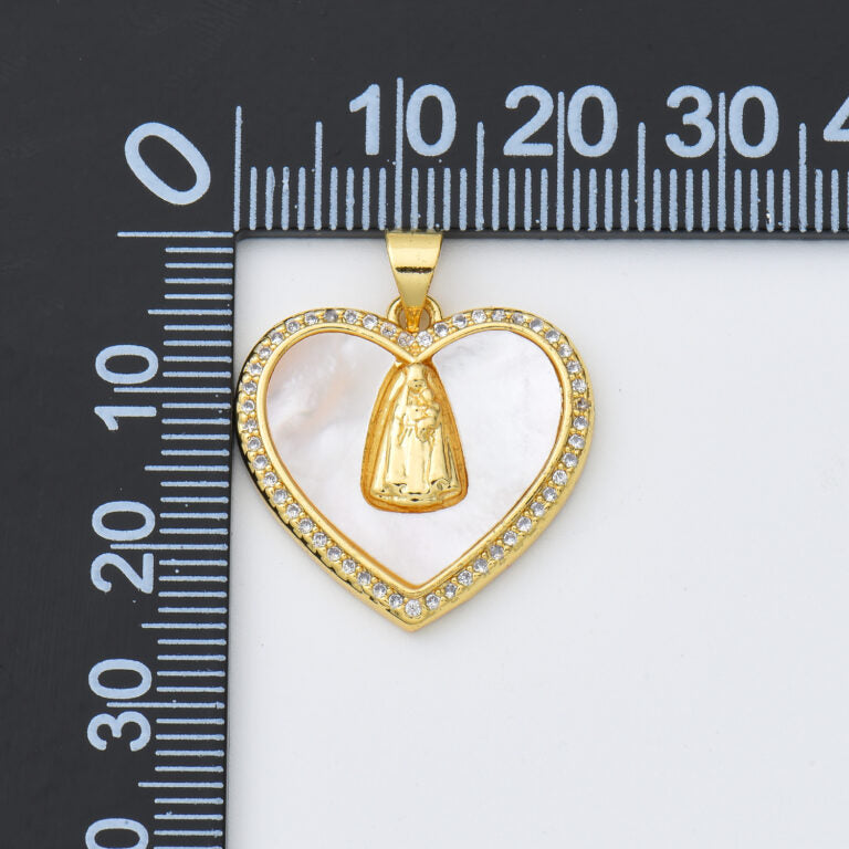 18K Gold Filled Blessed Virgin Mary Shell Pearl Heart Charm, Lady Of Guadalupe, Virgin Mary Pendant for Necklace Bracelet Jewelry Making, CP1976