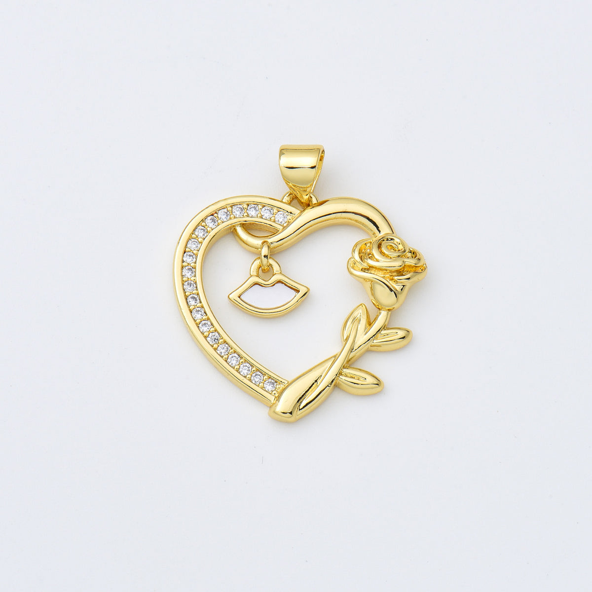 18K Gold Filled Shell Pearl Open Heart with Lips Charm, Rose Flower Heart Pendant, Mother Of Pearl Heart Charm, 23x24mm, CP1977