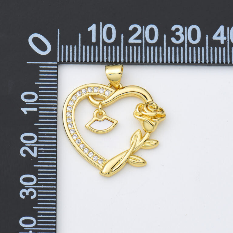 18K Gold Filled Shell Pearl Open Heart with Lips Charm, Rose Flower Heart Pendant, Mother Of Pearl Heart Charm, 23x24mm, CP1977