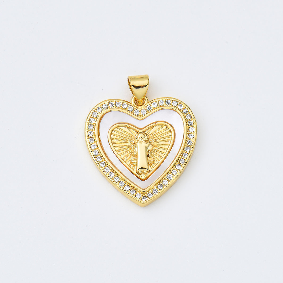 18K Gold Filled Saint Benedict Shell Pearl Charm, San Benito Pearl Heart Pendant CZ Micro Pave for Religious Jewelry, 22x23mm, CP1978