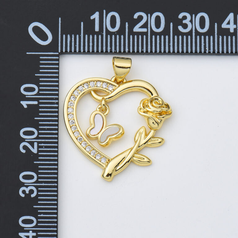 18K Gold Filled Shell Pearl Open Heart with Butterfly Charm, Rose Flower Heart Pendant, Mother Of Pearl Heart Charm, 23x24mm, CP1979