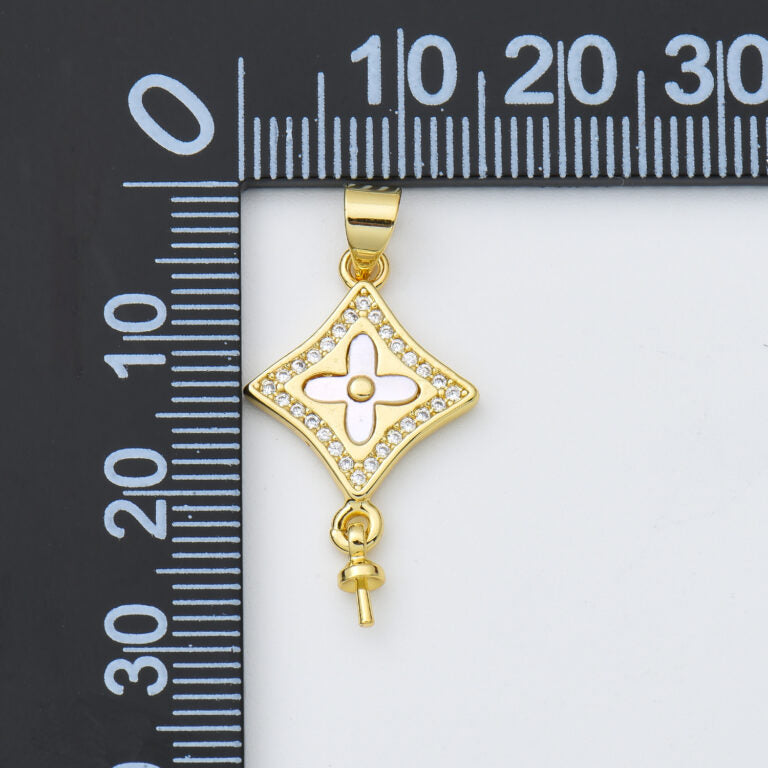 18K Gold Filled Diamond Flower Shell Pearl Charm, Four Leaf Clover Charm, Flower CZ Pendant for Necklace Bracelet Jewelry Making Supply, CP1980