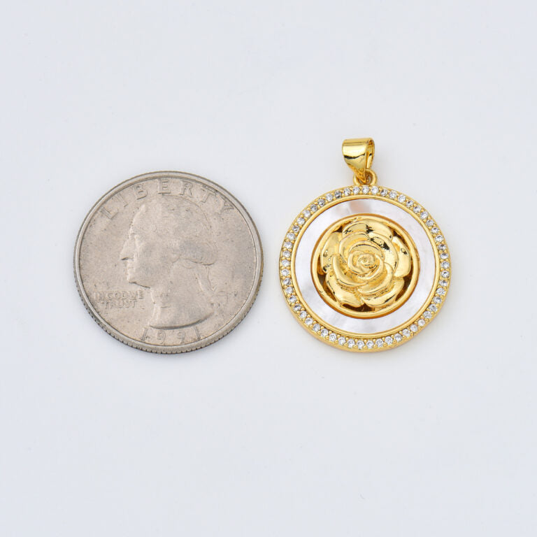 18K Gold Filled Rose Flower Shell Pearl Charm Medallion, Rose Pendant, CZ Micro Pave Floral Charm for DIY Fashion Jewelry Pendant, CP1981