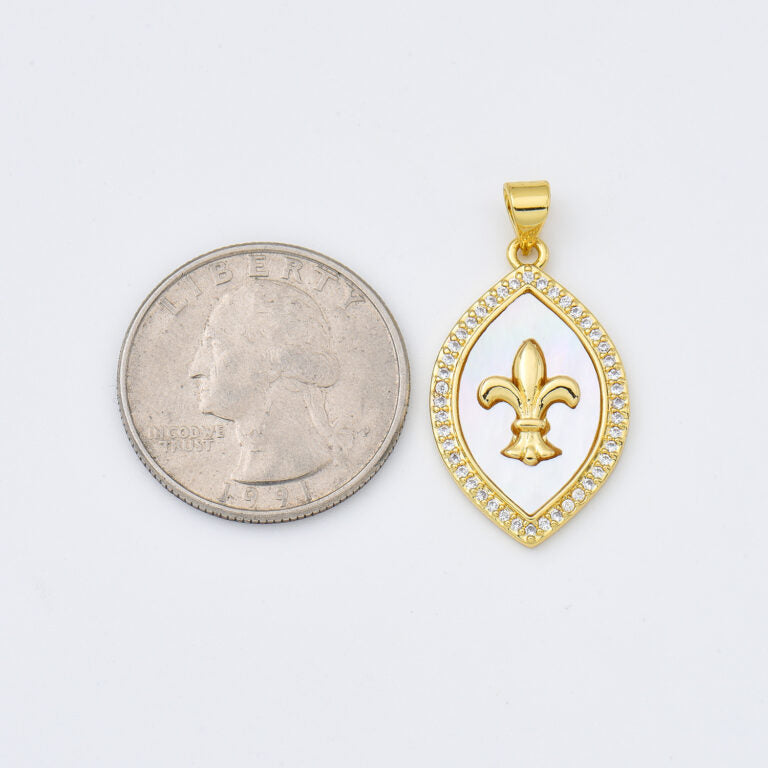 18K Gold Filled Fleur De Lis Shell Pearl Charm, Fleur De Lis Pendant, Mother Of Pearl, Royal Lily Symbol for Necklace Bracelet Supply, CP1984