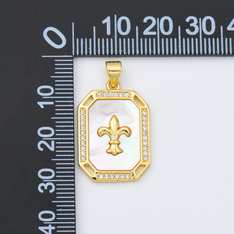 18K Gold Filled Fleur De Lis Shell Pearl Tag Charm, Fleur De Lis Pendant, Mother Of Pearl, Royal Lily Symbol for Necklace Bracelet Supply CP1987