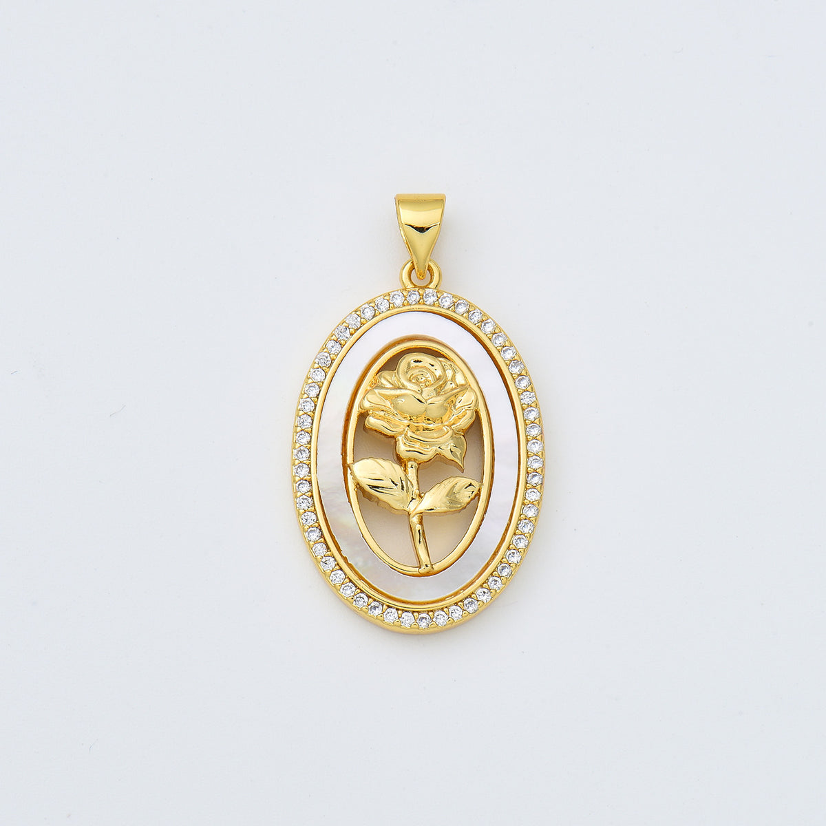 18K Gold Filled Rose Flower Shell Pearl Medallion Charm, Rose Pendant, CZ Micro Pave Floral Charm for DIY Fashion Jewelry Pendant, CP1988