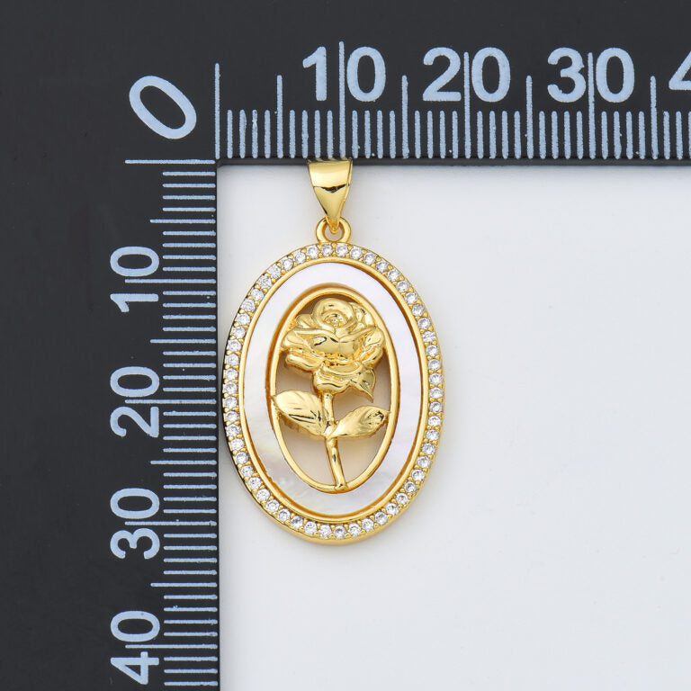 18K Gold Filled Rose Flower Shell Pearl Medallion Charm, Rose Pendant, CZ Micro Pave Floral Charm for DIY Fashion Jewelry Pendant, CP1988