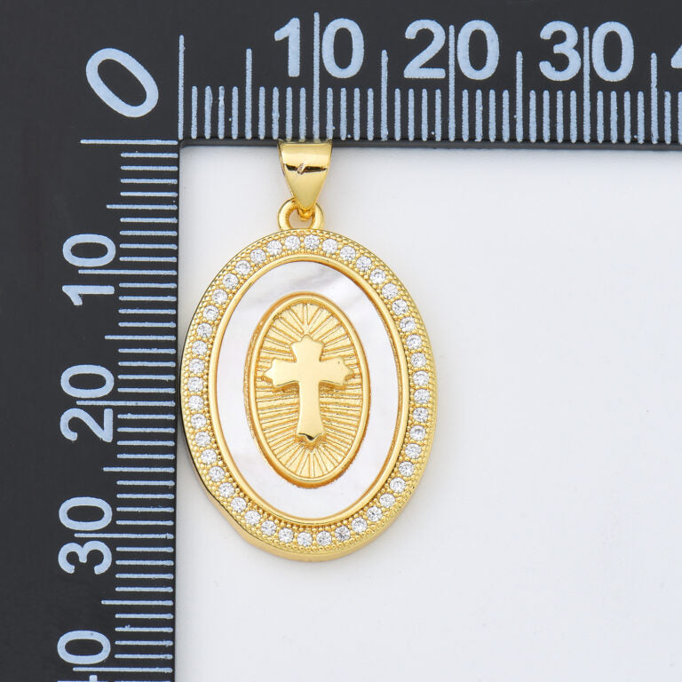 18K Gold Filled Cross Shell Pearl Charm Medallion, Cross Pendant for Religious Necklace Bracelet Jewelry Making Supply, 19x28mm, CP1989