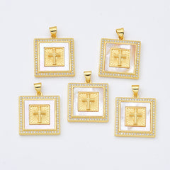 18K Gold Filled Cross Shell Pearl Charm, Cross Pendant for Religious Necklace Bracelet Jewelry Making Supply, 22x24mm, CP1990