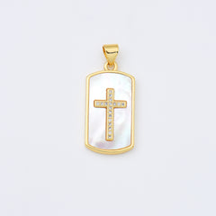 18K Gold Filled Cross Shell Pearl Tag Charm, Cross Pendant for Religious Necklace Bracelet Jewelry Making Supply, 14x26mm, CP1991