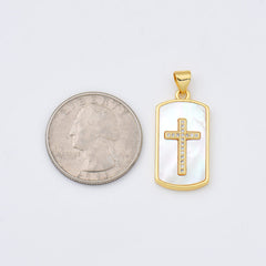 18K Gold Filled Cross Shell Pearl Tag Charm, Cross Pendant for Religious Necklace Bracelet Jewelry Making Supply, 14x26mm, CP1991