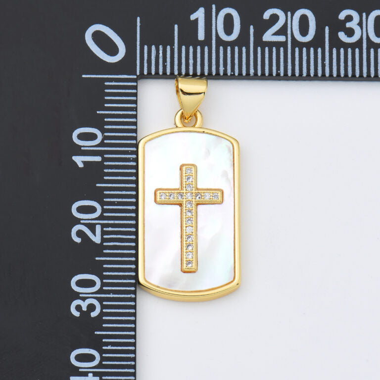 18K Gold Filled Cross Shell Pearl Tag Charm, Cross Pendant for Religious Necklace Bracelet Jewelry Making Supply, 14x26mm, CP1991