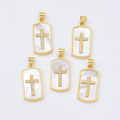 18K Gold Filled Cross Shell Pearl Tag Charm, Cross Pendant for Religious Necklace Bracelet Jewelry Making Supply, 14x26mm, CP1991