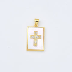 18K Gold Filled Cross Shell Pearl Tag Charm, Cross Pendant for Religious Necklace Bracelet Jewelry Making Supply, 16x25mm, CP1992