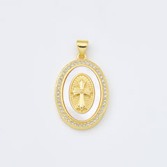 18K Gold Filled Cross Shell Pearl Charm Medallion, Cross Pendant for Religious Necklace Bracelet Jewelry Making Supply, 19x28mm, CP1993