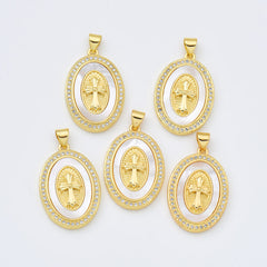 18K Gold Filled Cross Shell Pearl Charm Medallion, Cross Pendant for Religious Necklace Bracelet Jewelry Making Supply, 19x28mm, CP1993