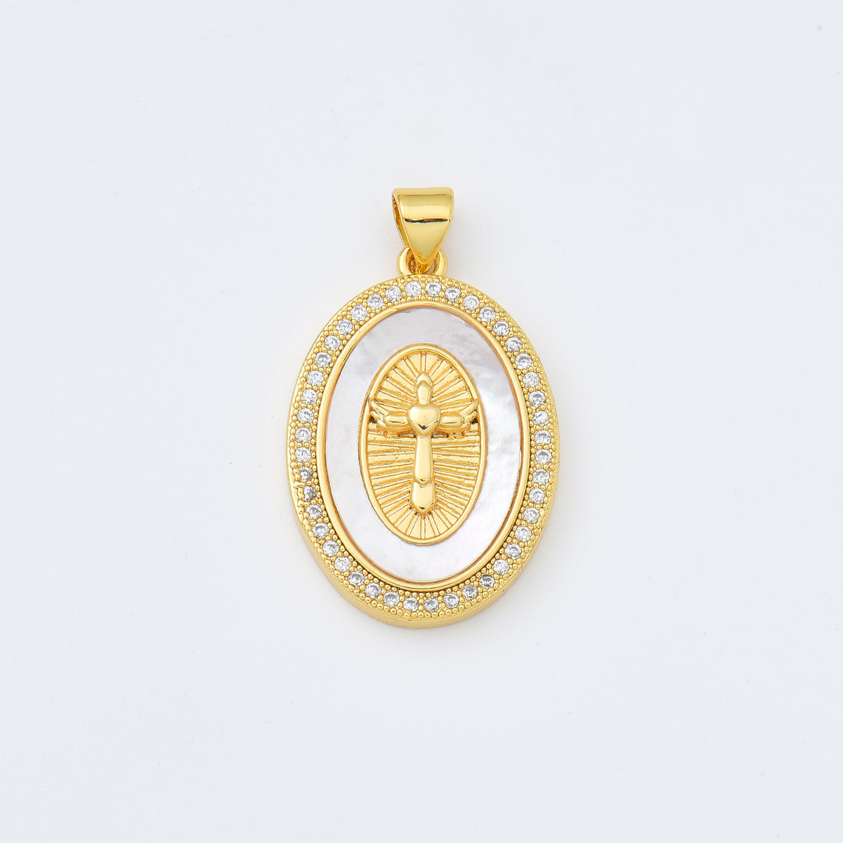 18K Gold Filled Angel Cross Shell Pearl Charm Medallion, Cross Pendant for Religious Necklace Bracelet Jewelry Making Supply, 19x27mm, CP1994