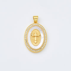 18K Gold Filled Angel Cross Shell Pearl Charm Medallion, Cross Pendant for Religious Necklace Bracelet Jewelry Making Supply, 19x27mm, CP1994