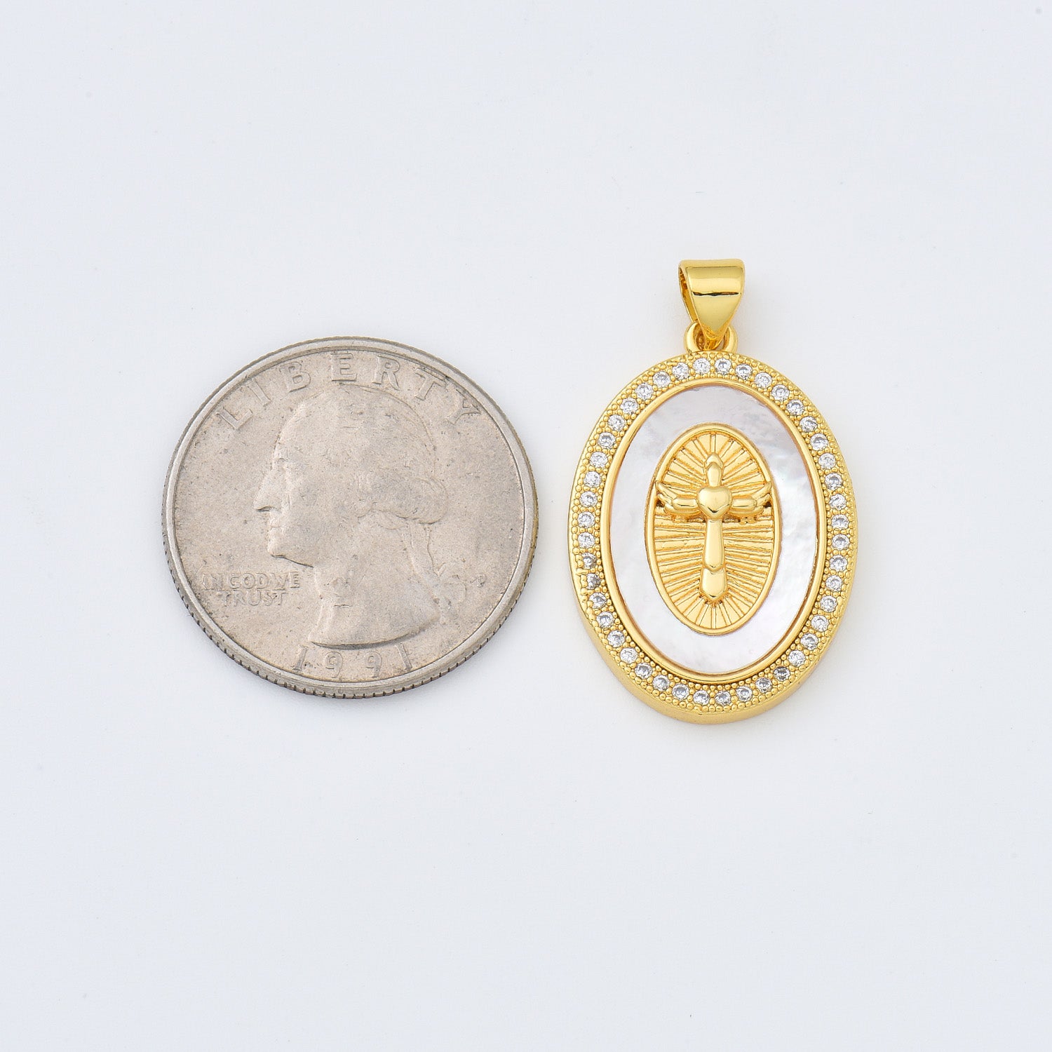18K Gold Filled Angel Cross Shell Pearl Charm Medallion, Cross Pendant for Religious Necklace Bracelet Jewelry Making Supply, 19x27mm, CP1994