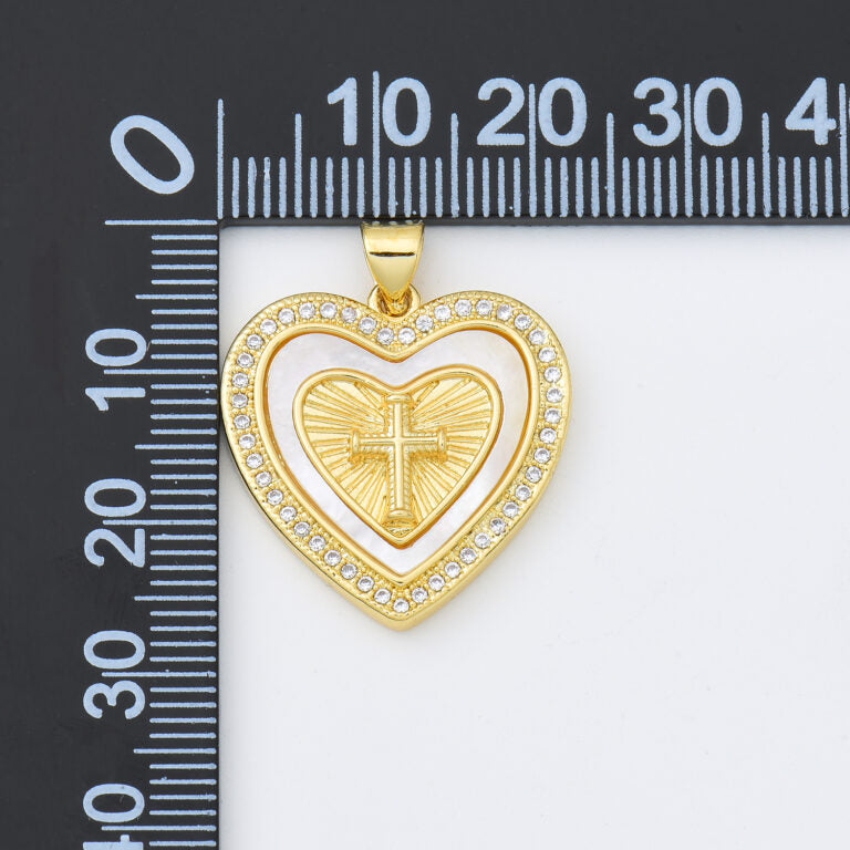 18K Gold Filled Heart Cross Shell Pearl Charm, Cross Pendant for Religious Necklace Bracelet Jewelry Making Supply, 22x23mm, CP1996