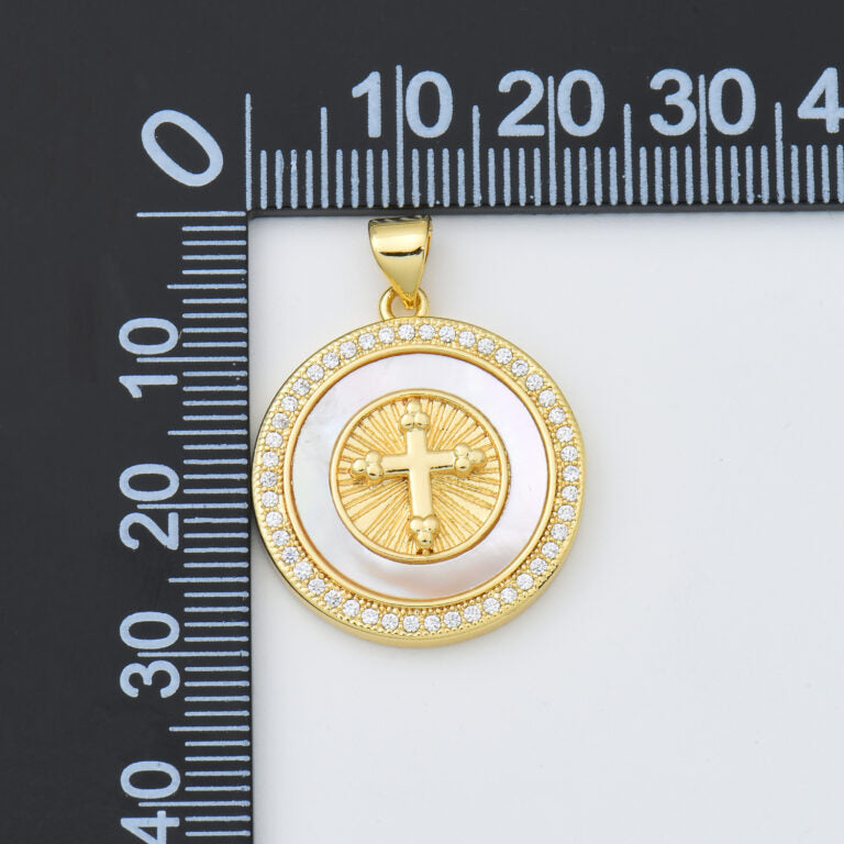 18K Gold Filled Cross Shell Pearl Charm, Cross Pendant for Religious Necklace Bracelet Jewelry Making Supply, 22x25mm, CP2000