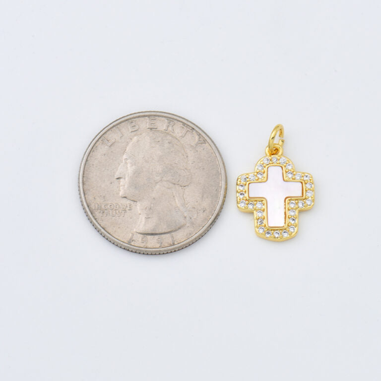 18K Gold Filled Cross Shell Pearl Charm, Cross Pendant for Christian Catholic Baptism, Religious Jewelry Making Supply, 22x25mm, CP2001