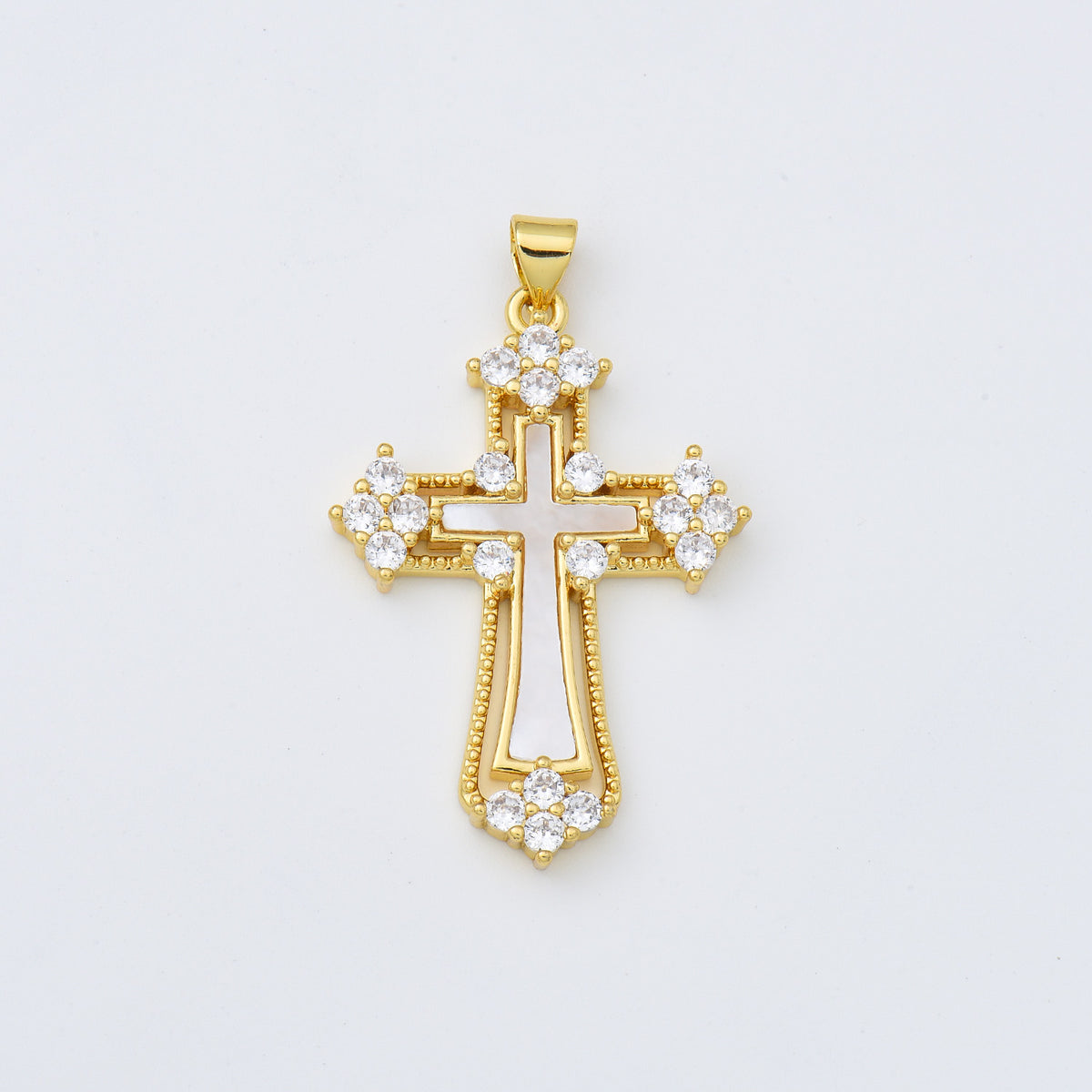 18K Gold Filled Cross Shell Pearl Charm, Cross Pendant for Christian Catholic Baptism, Religious Jewelry Making Supply, 25x37mm, CP2003